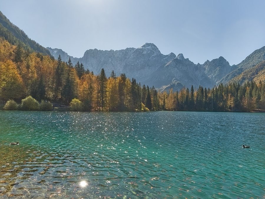 Il lago inferiore di Fusine in autunno, con il gruppo del Mangart sullo sfondo